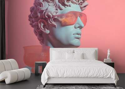 Ancient statue of a man wearing sunglasses and holding a glass of wine	 Wall mural