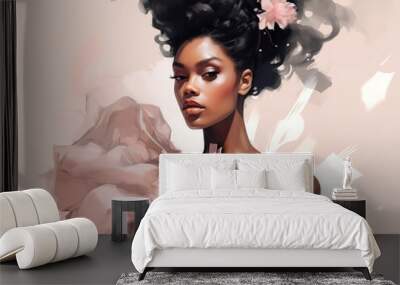 Beautiful fashionable young black woman in evening gown, fashion sketch illustration style Wall mural