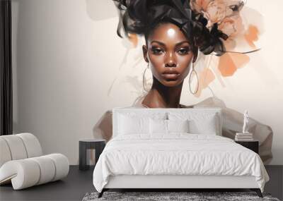 Beautiful fashionable young black woman in evening gown, fashion sketch illustration style Wall mural