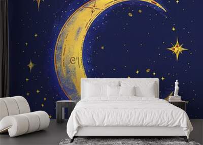 Crescent moon with starts, vintage style illustration Wall mural