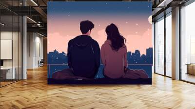 Cute romantic couple sitting on roof and looking at the night city and moon. Wall mural