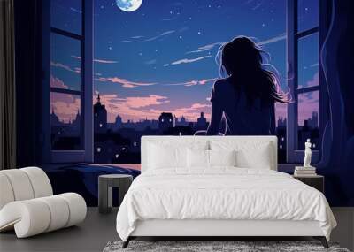 Lonely anime girl sitting on window and looking at the night city and moon.	 Wall mural