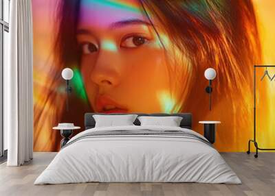 Portrait of beautiful natural Asian woman with  multicolored light reflections Wall mural