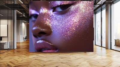 Portrait of young beautiful black woman with purple shimmer eyeshadow make-up Wall mural