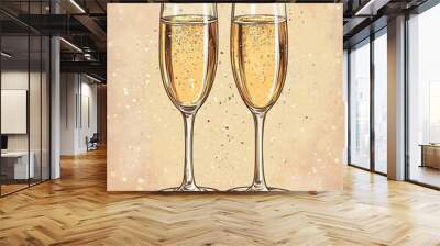 Two glasses of champagne, vintage style illustration Wall mural