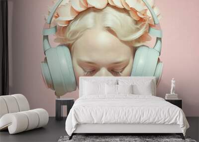 Woman with headphones. AI generated image, not based on any real people. Wall mural