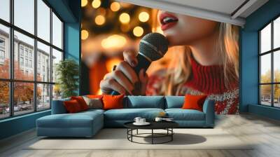 Young woman singing karaoke with microphone at home, cozy Christmas background Wall mural