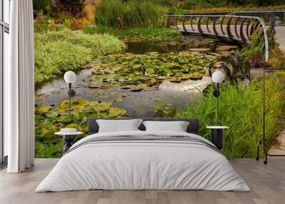 A bridge over a pond and wetland at the Oregon Garden, Silverton, Oregon Wall mural