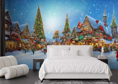 Christmas time the little village holiday lights people in the streets shopping. Illustration, digital matte painting Wall mural