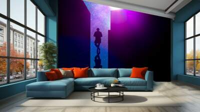 man standing in city alley stary night full moon. Illustration Wall mural