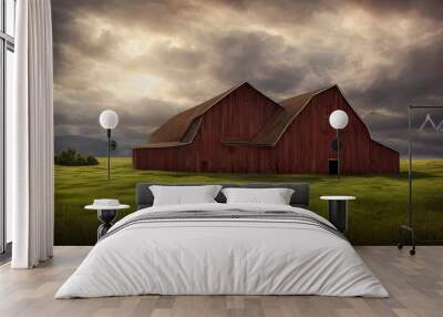 old red barn in lush green field. background illustration, digital matte painting Wall mural