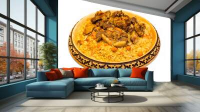 Kazakh meal plot. 
Kazakh national meal plov on a plate on white background. Wooden plate with kazakh national ornament Wall mural