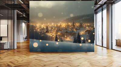 A winter landscape covered with a snowy blanket reflects the magic of the approaching year 2025 in bright lights Wall mural