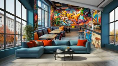 Graffiti wall: One of the walls is decorated in a street style with bright graffiti, adding energy and youthfulness to the space. Wall mural