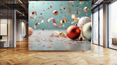 Happy New Year 2025. Christmas and New Year greeting card with balls, , ribbon and confetti Wall mural