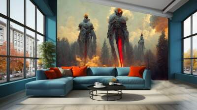 2 giants of same height and size sparring swords golden white angel black red demon Background is forest Titans towering imposing anatomical illustration smoke fire explosions octane render  Wall mural