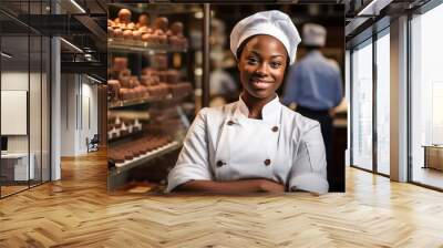 Happy chocolatier in chef hat standing with crossed arms near tasty chocolate candies. Young woman in chef uniform in the kitchen. Professional pastry chef, chocolatier, baker or cook. Wall mural