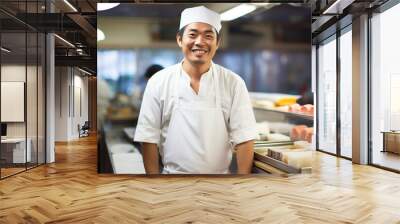 Portrait of a smiling Asian waiter or chef in uniform in restaurant kitchen. Wall mural