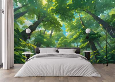 A serene view from the forest floor looking up at towering trees with sunlight filtering through lush green leaves, creating a peaceful, natural canopy. Wall mural