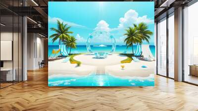 A tropical beach with palm trees, lounge chairs, and a futuristic globe structure by the sea, set against a bright blue sky and crystal-clear water under the warm sun. Wall mural