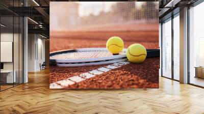 Tennis ball with racket on the tennis court. Sport, recreation concept Wall mural