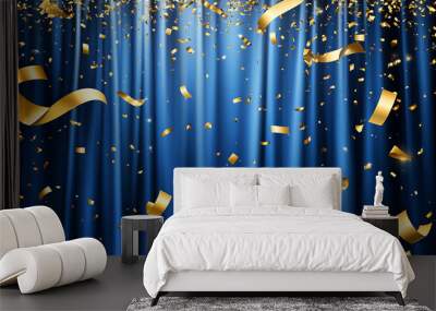 Blue Curtain Background with Golden Confetti Banner Wall mural