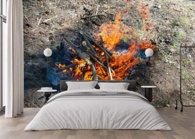 Burning firewood and coals of a fire close up Wall mural