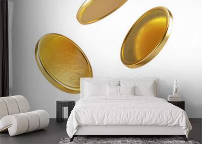 3D golden coins. Realistic gold money is isolated on a transparent background—the falling golden coins—a financial wealth symbol. Gold coins falling 3d realistic.  Wall mural