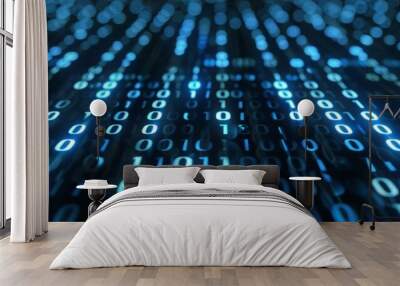 A tech backdrop with AI elements showcases blue binary code and digital circuits blending into a dynamic, futuristic data flow, ideal for a tech banner. Wall mural