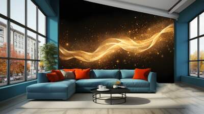 Abstract shiny luxury gold light wave design element with glitter effect on dark background. Generative AI
 Wall mural