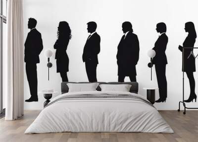 Full-length silhouettes of various casual professionals, including men and women, reflect a business theme. These silhouettes represent diverse individuals in a business setting. Wall mural