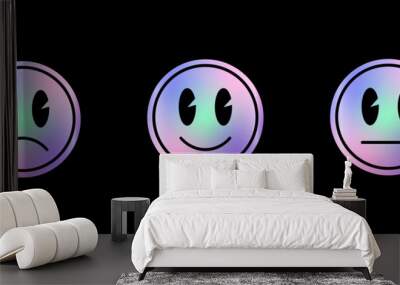 Holographic vector stickers set with feedback icons in the form of emotions. Excellent, bad, awful. Satisfaction rating holographic futuristic emblems and labels in Y2K style. 
 Wall mural