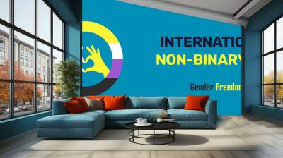 International Non-Binary People's Day 14th July, Non-Binary pride flag in a circle heart love gesture inside the circle. Hand heart love gesture Non-Binary pride flag.Non-Binary People Awareness Week  Wall mural