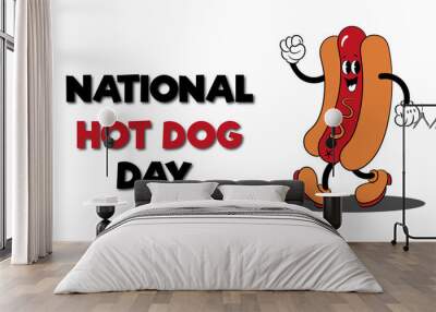 National Hot Dog Day July 21. Cartoon hot dog with mustard, American flag, and lettering. Food concept. Poster, card, banner. Wall mural