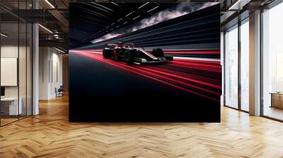 The racing formula on a speedway, red and black color motion. Racing car in motion.The illustration with red and black lights, a car, and a road. Generative AI. Wall mural