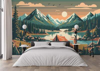 Camping in nature near mountains, landscape illustration Wall mural