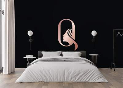 q letter with women face beauty spa fashion brand design modern style creative golden wordmark design typography illustration, q women face logo Wall mural