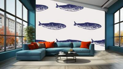 Vector seamless fish pattern. Vintage retro seamless pattern ocean and sea with fish seafood packaging Wall mural