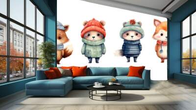 Vector set watercolor winter animals in sweater and warm hat, scarf design for new year card, merry christmas card, cute bear character isolated on white winter animals trendy cute	
 Wall mural