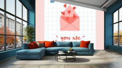 Vector valentines day card You are loved I love you so much with heart soft pink. All you need is love. Cute love illustration Wall mural