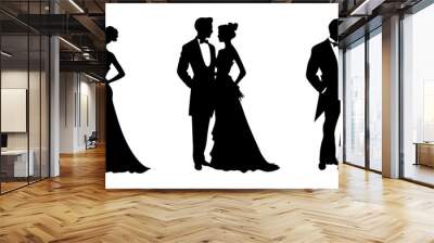 Victorian man and woman silhouette. Vector illustration couple wedding dancing dance ball Gentleman and lady retro set  Wall mural