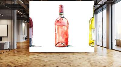 Watercolor vector illustration of red rose and white wine bottle isolated on white background Wall mural