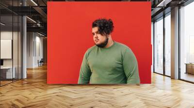 Portrait of a fat bearded hispanic guy with a stylish haircut and curly hair, standing in front of the red wall, looking aside. Wall mural