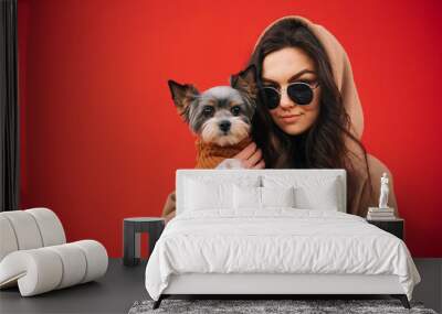 Stylish female owner isolated on red background with cute dog in hands posing at camera. Lady with biewer terrier in her arms looking at the camera. Wall mural