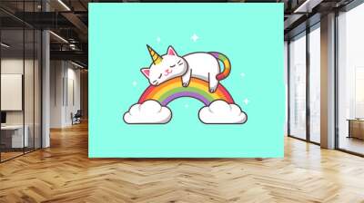 The Cute Unicorn Cat is Sleeping on a Rainbow Wall mural