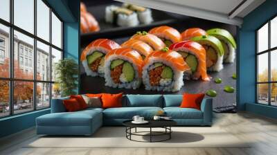 Delicious Japanese sushi rolls in a restaurant Wall mural