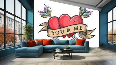 Two Hearts Pierced by Arrows and Ribbon with Lettering You And Me Tattoo Wall mural