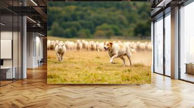 A sheepdog herding sheep across a field Wall mural