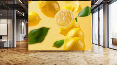 Juicy ripe flying yellow lemons, green leaves floating in the air on light colorful background. Creative food concept. Tropical organic fruit citrus vitamin C. Lemon slices Summer minimalistic bright  Wall mural