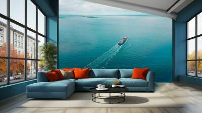 Large transport cargo ship sailing on the turquoise sea, view from the top Wall mural